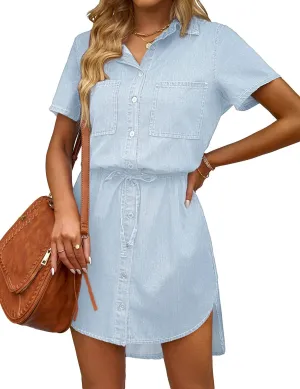 luvamia Women Casual Denim Dress Short Sleeve Tie Waist Classic Jean Shirt Dress
