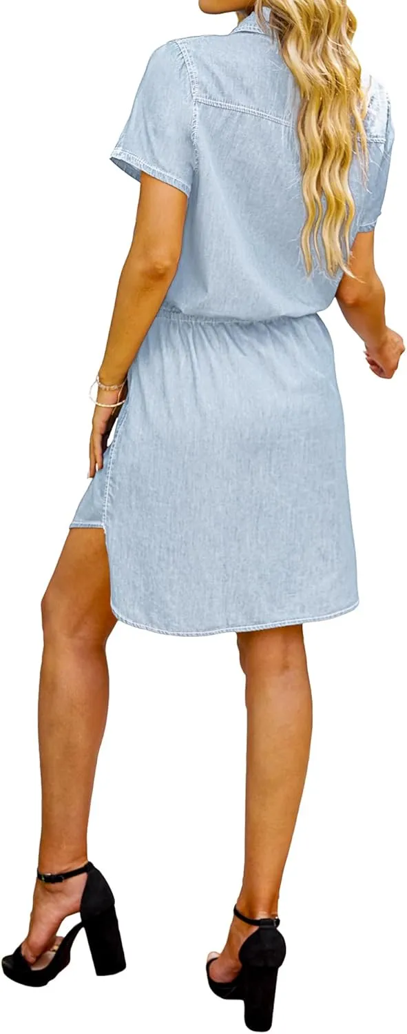 luvamia Women Casual Denim Dress Short Sleeve Tie Waist Classic Jean Shirt Dress