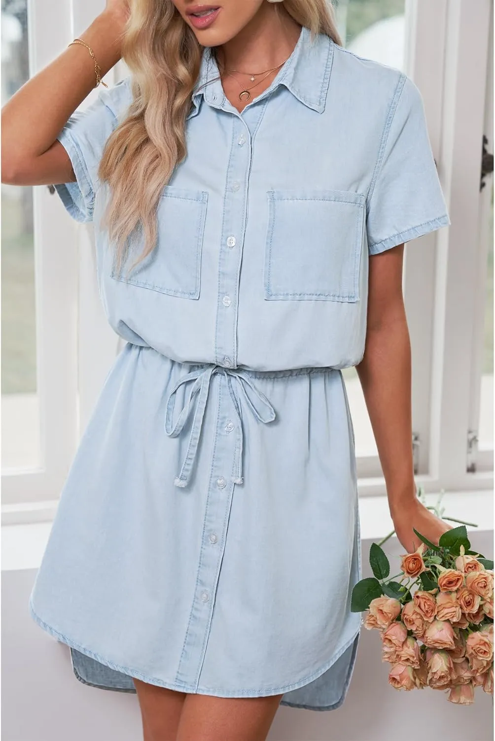 luvamia Women Casual Denim Dress Short Sleeve Tie Waist Classic Jean Shirt Dress