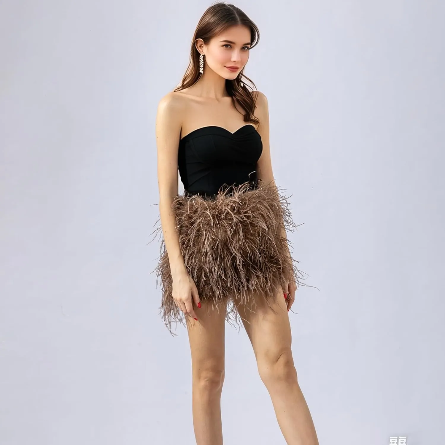 LVCOMEFF Women Ostrich Feather Mini Skirt Hot Elastic Waist Furry Booty Party Club Luxury