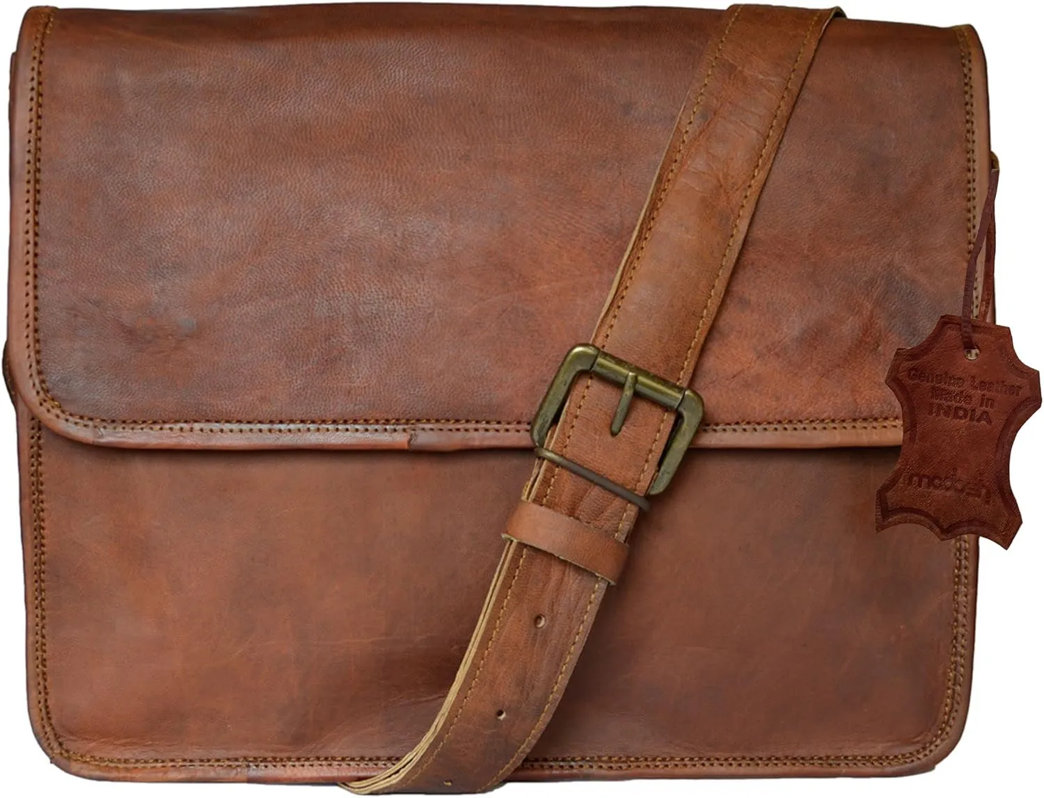 Madosh, Men's Genuine Leather Flap Over Bag Messenger Crossbody Handbag Handmade Laptop Brown Office Shoulder Bag
