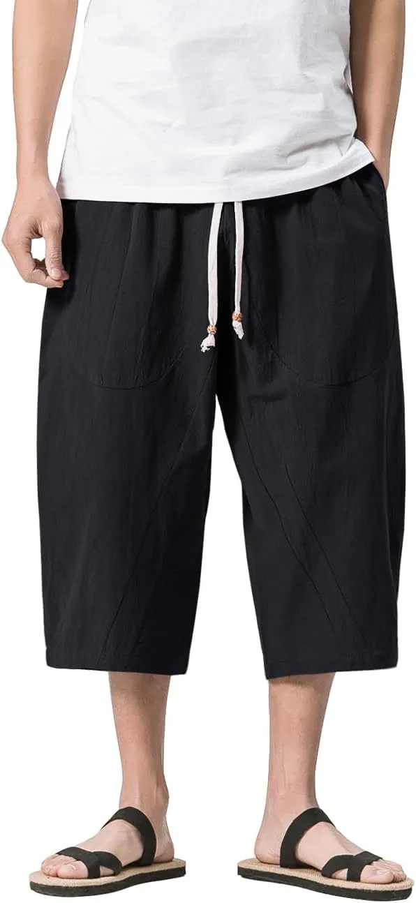 MAGNIVIT Men's Linen Cotton Capri Pants Loose Fit Elastic Waist Wide Leg Baggy Harem Pants