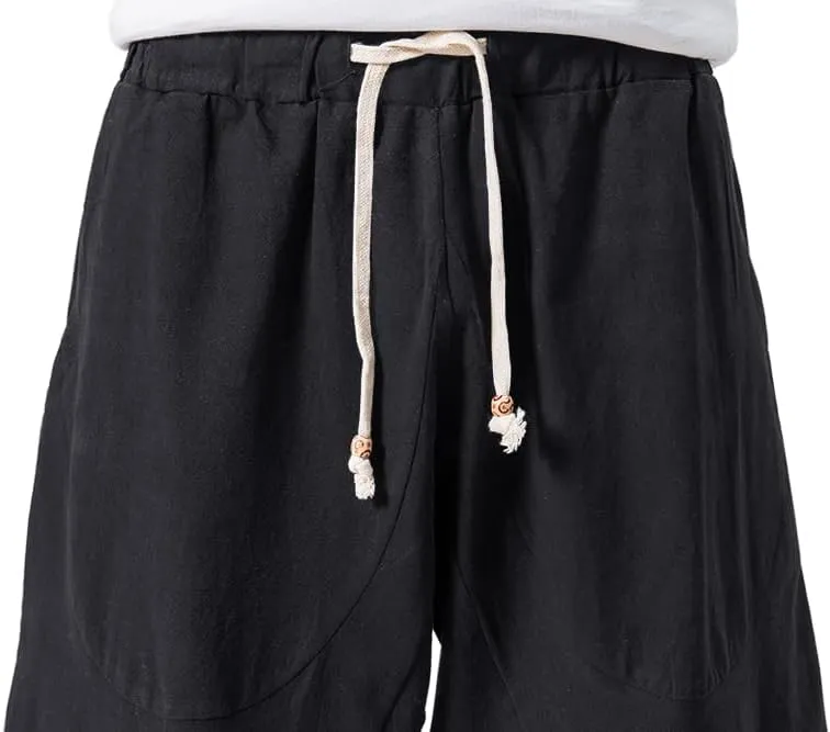 MAGNIVIT Men's Linen Cotton Capri Pants Loose Fit Elastic Waist Wide Leg Baggy Harem Pants