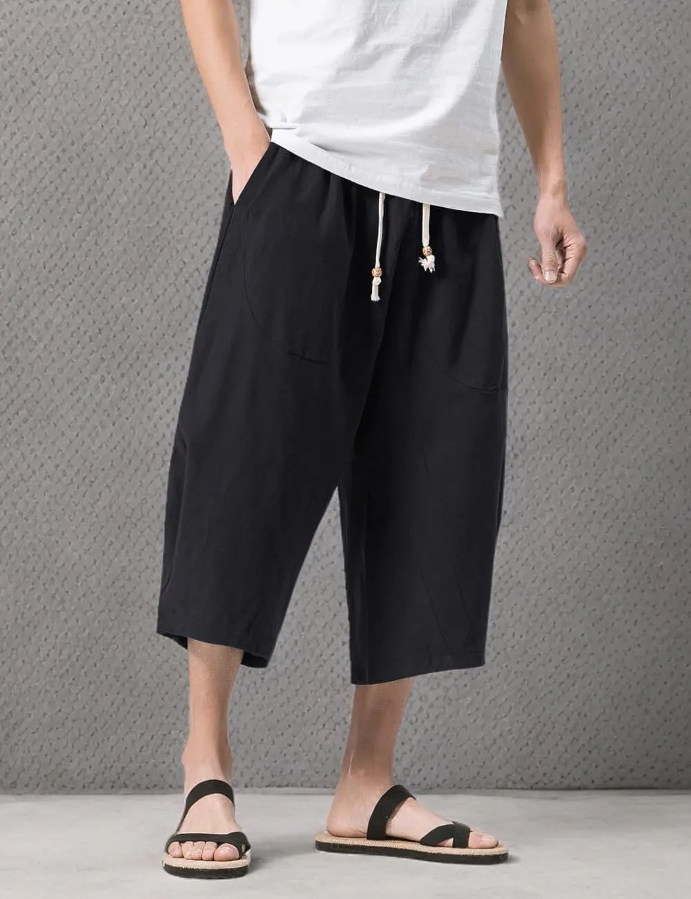MAGNIVIT Men's Linen Cotton Capri Pants Loose Fit Elastic Waist Wide Leg Baggy Harem Pants