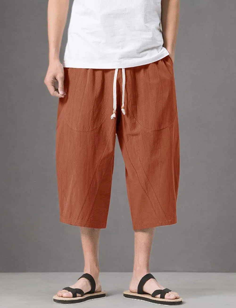MAGNIVIT Men's Linen Cotton Capri Pants Loose Fit Elastic Waist Wide Leg Baggy Harem Pants