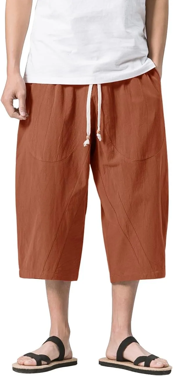 MAGNIVIT Men's Linen Cotton Capri Pants Loose Fit Elastic Waist Wide Leg Baggy Harem Pants
