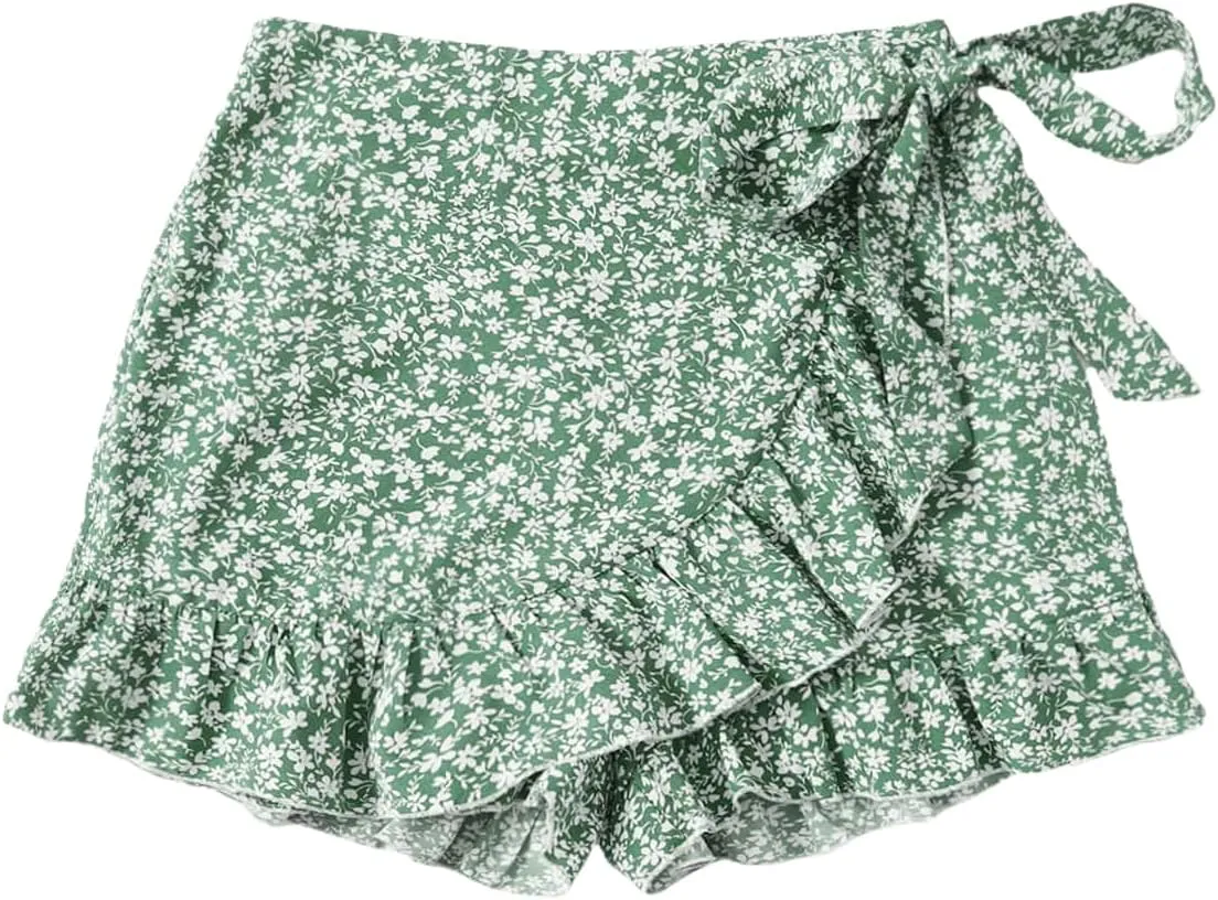 MakeMeChic Women's Boho Floral Print Elastic Waist Ruffle Wrap Tie Skorts Skirt Skorts