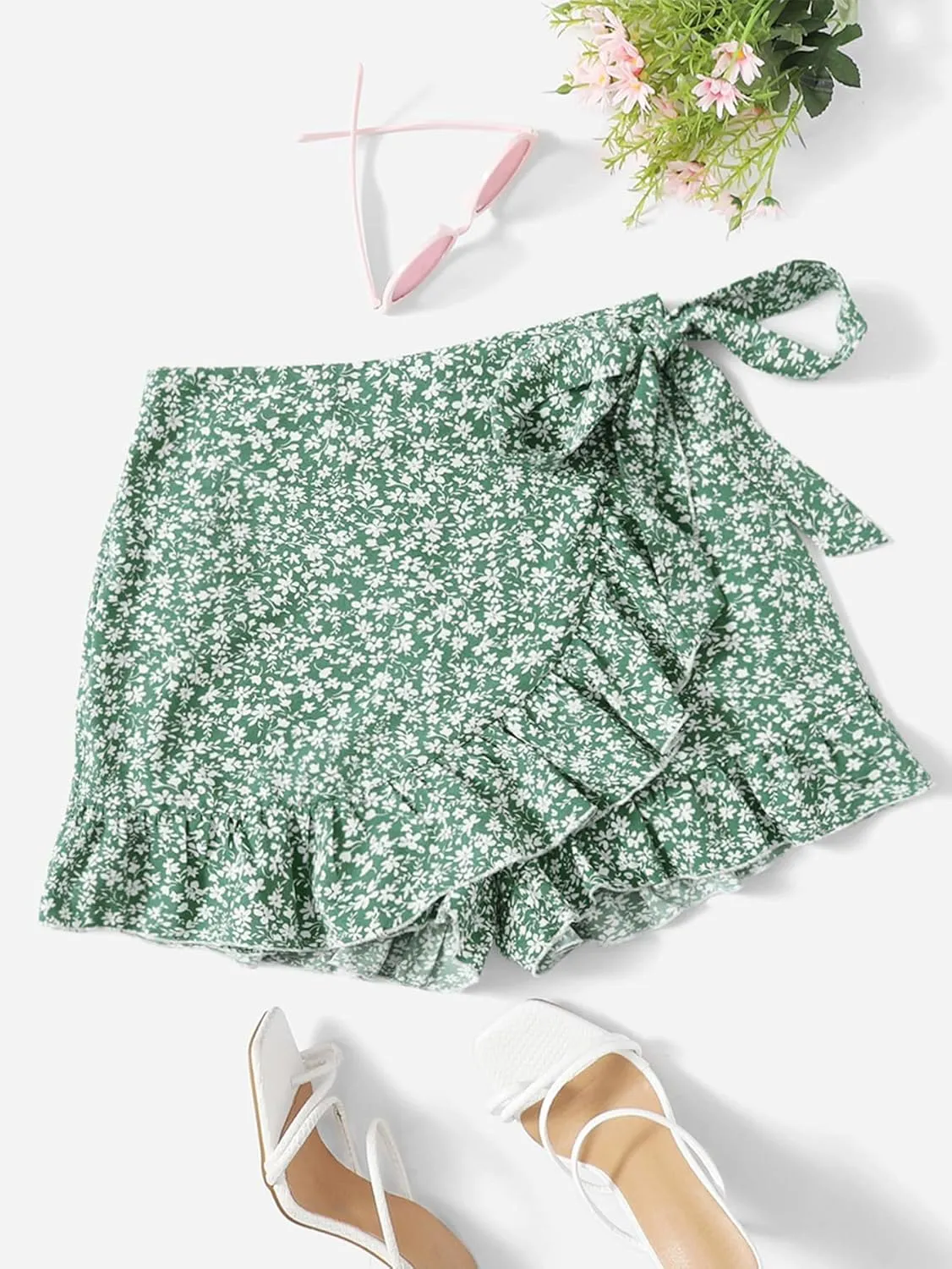 MakeMeChic Women's Boho Floral Print Elastic Waist Ruffle Wrap Tie Skorts Skirt Skorts
