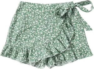 MakeMeChic Women's Boho Floral Print Elastic Waist Ruffle Wrap Tie Skorts Skirt Skorts