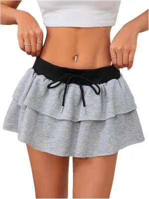 MakeMeChic Women's Y2K Ruffle Double Layered Mini Skirts Elastic Waist Drawstring Flare Skirt
