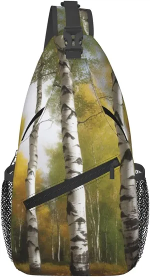 Man's Cross Chest Bag Diagonally Sling Backpack Shoulder Bag Birch Trees Sling Bag for Women Hiking Daypack
