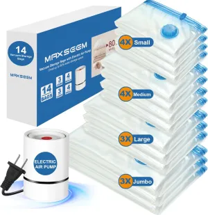 MAXSEEM Vacuum Storage Bags with Electric Pump, 14Pack Vacuum Seal Bags for Clothing, 3J/3L/4M/4S Space Saver Compression Bags for Comforters Duvets Blankets Coverlets Quilts, 14Pack