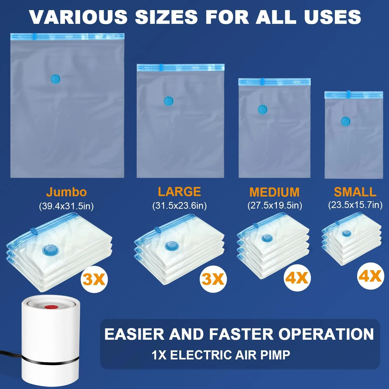 MAXSEEM Vacuum Storage Bags with Electric Pump, 14Pack Vacuum Seal Bags for Clothing, 3J/3L/4M/4S Space Saver Compression Bags for Comforters Duvets Blankets Coverlets Quilts, 14Pack