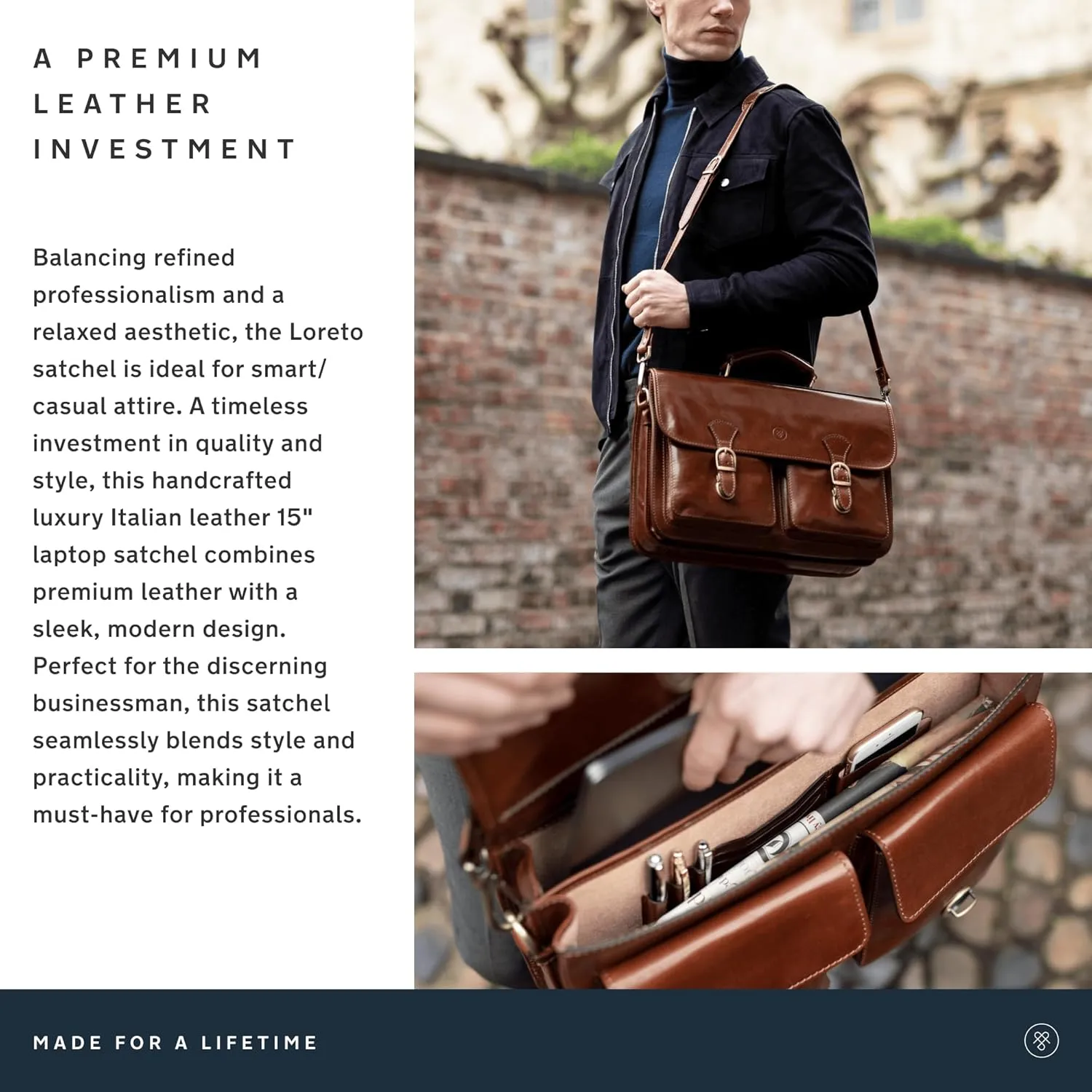 Maxwell Scott - Mens Luxury Italian Leather Classic 15" 16" Laptop/Satchel Briefcase Bag with Padded Section - The Loreto