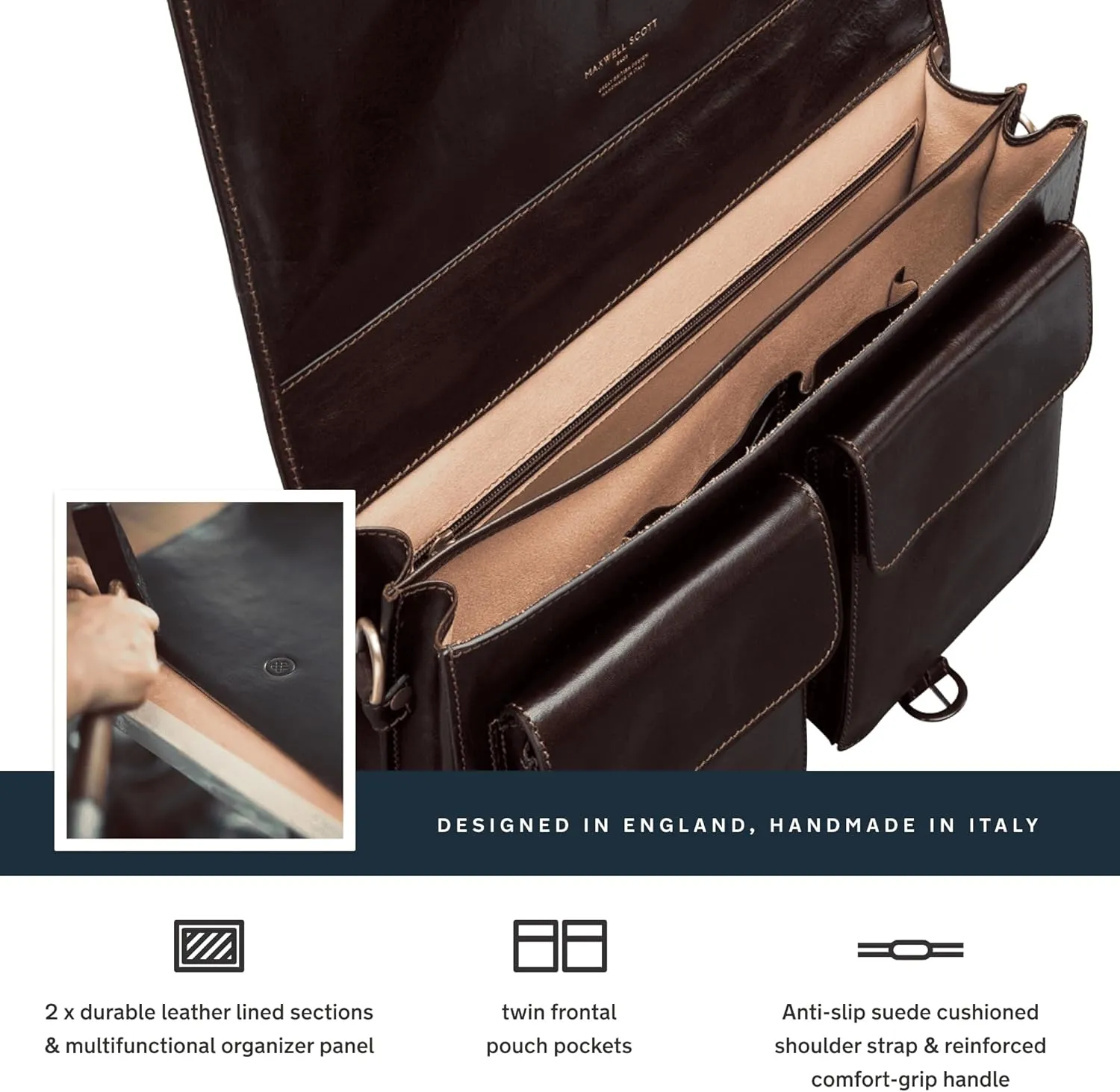 Maxwell Scott - Mens Luxury Leather Full Grain Satchel Briefcase Bag - 2 Section for Laptop - Handmade In Italy- The Jesolo2