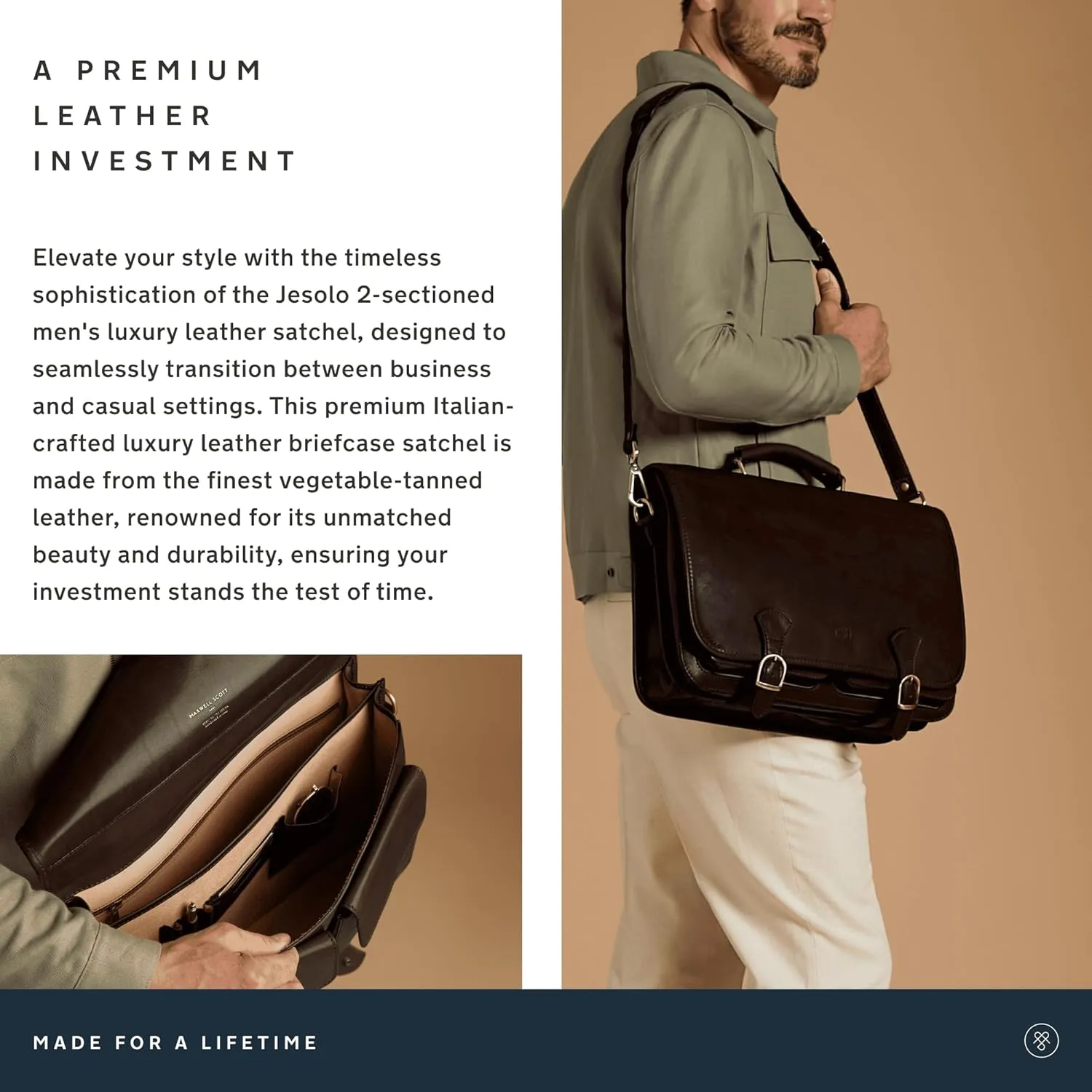 Maxwell Scott - Mens Luxury Leather Full Grain Satchel Briefcase Bag - 2 Section for Laptop - Handmade In Italy- The Jesolo2
