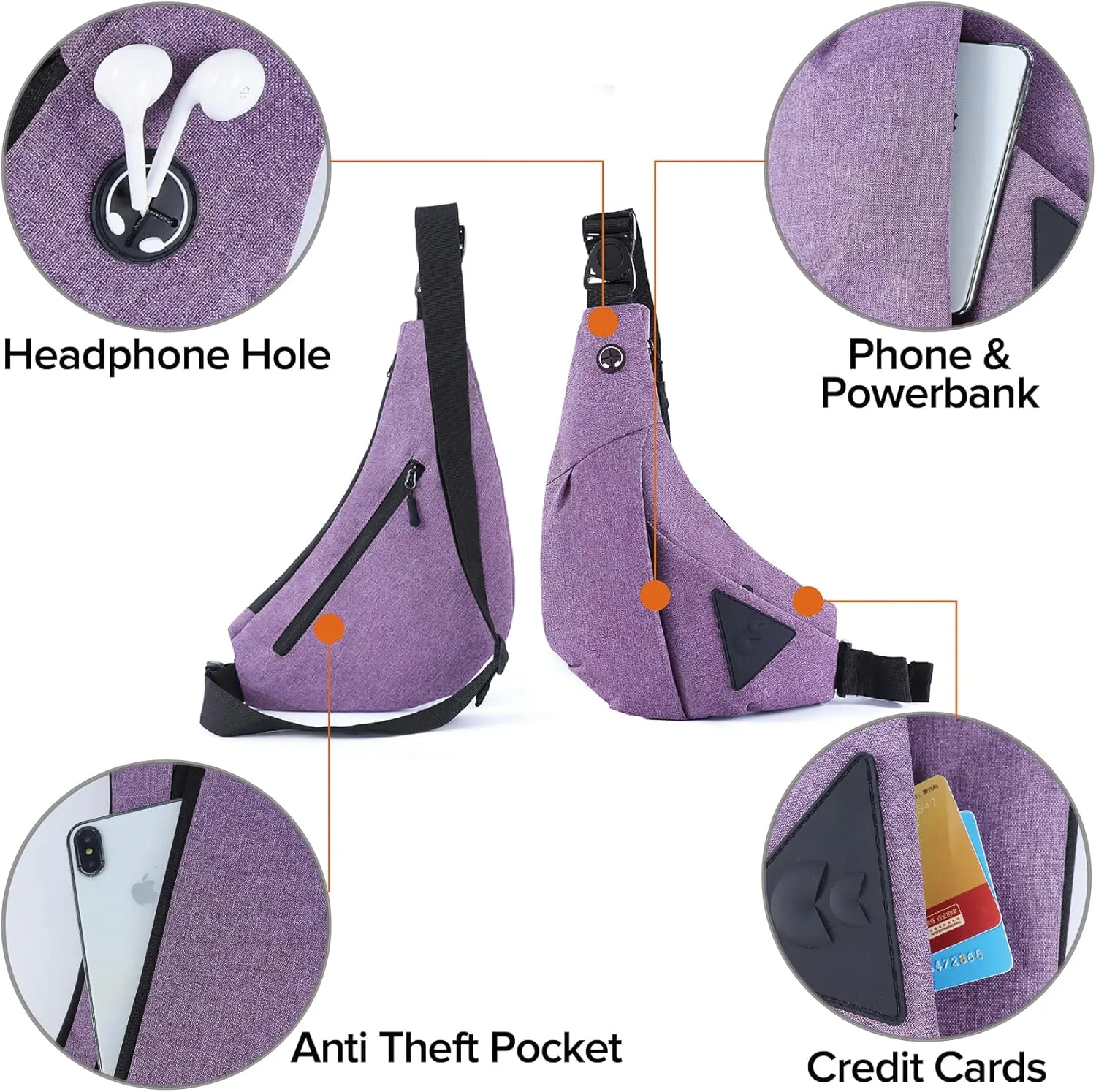 MAYMOONER Sling Crossbody Shoulder Bag Women Men, Anti theft One Strap Chest Bags Slim Backpack for Travel Sport Walking Biking Purple