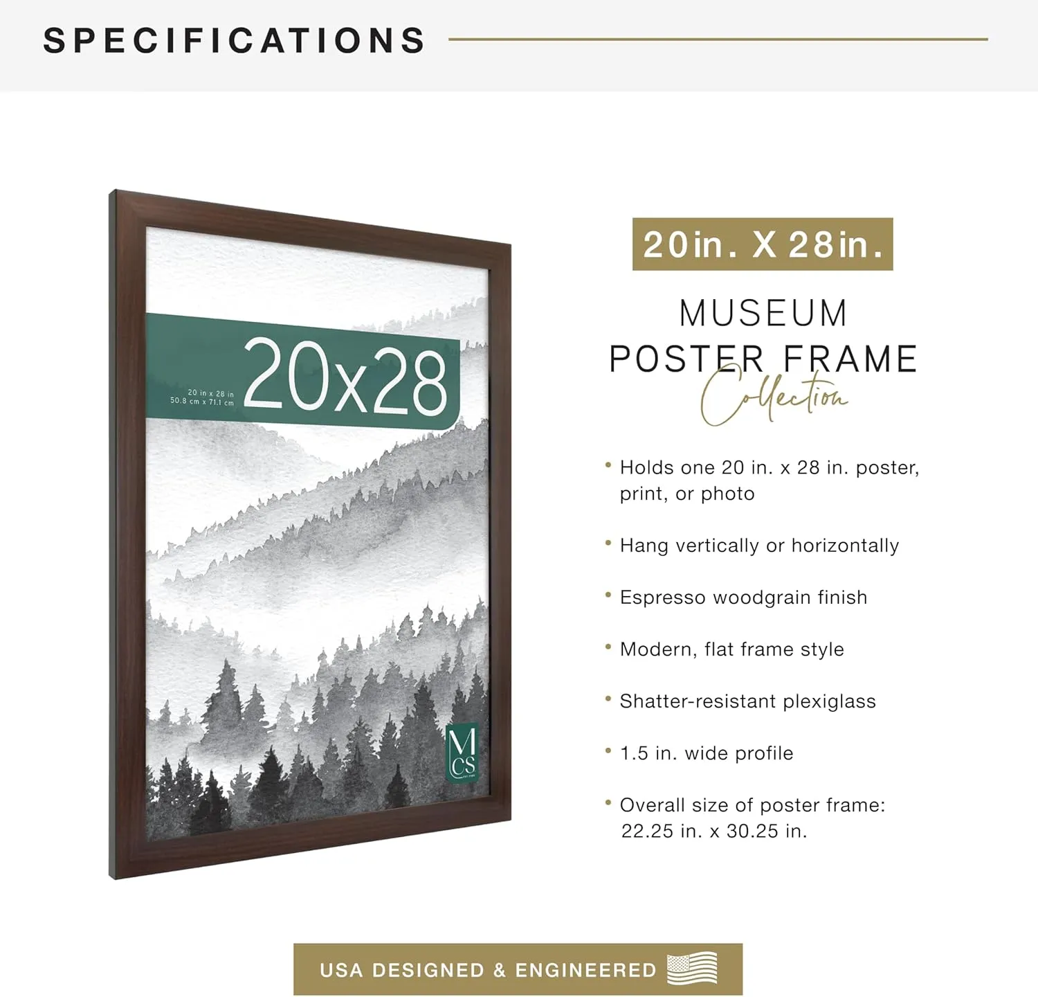 MCS Museum Poster Frame 20x28 Espresso Woodgrain, Vertical & Horizontal Wall Hanging Large Picture Frame for Photos, Posters & Art Prints (1-Pack)