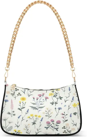 Meadow Wildflower Boho Floral Herb Womens Shoulder Bag for Women Girls Hobo Tote Handbag Gold Chain Crossbody Bag with Zipper Clutch Purse Handbags