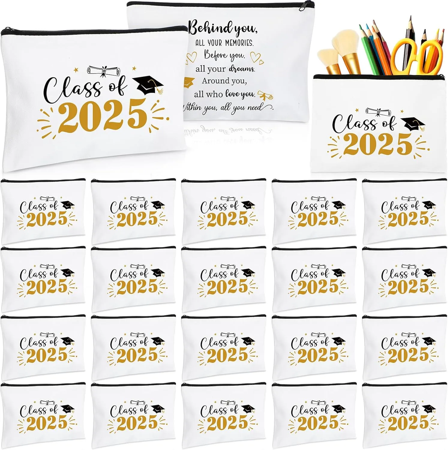 Meanplan 20 Pcs Graduation Gift Bulk Class of 2025, Canvas Makeup Bag Graduation Party Favors Inspirational Cosmetic Pouch Thank You for Guest College Her Women Teacher Student End of Year(Gold,Black)