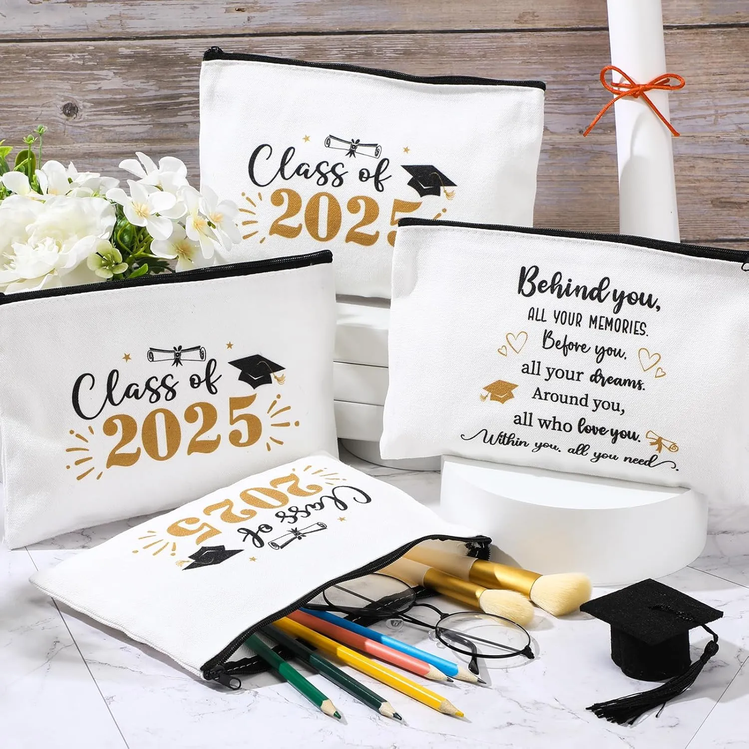 Meanplan 20 Pcs Graduation Gift Bulk Class of 2025, Canvas Makeup Bag Graduation Party Favors Inspirational Cosmetic Pouch Thank You for Guest College Her Women Teacher Student End of Year(Gold,Black)