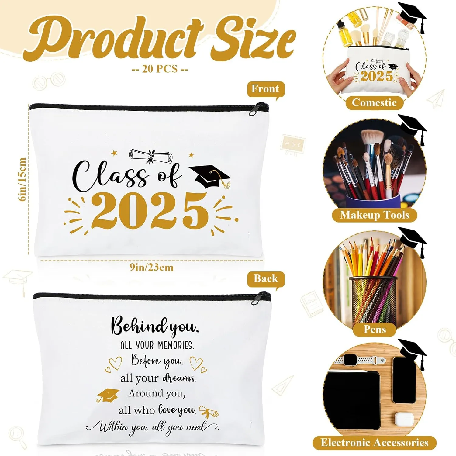 Meanplan 20 Pcs Graduation Gift Bulk Class of 2025, Canvas Makeup Bag Graduation Party Favors Inspirational Cosmetic Pouch Thank You for Guest College Her Women Teacher Student End of Year(Gold,Black)