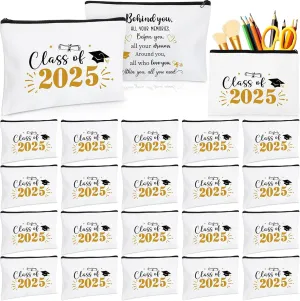 Meanplan 20 Pcs Graduation Gift Bulk Class of 2025, Canvas Makeup Bag Graduation Party Favors Inspirational Cosmetic Pouch Thank You for Guest College Her Women Teacher Student End of Year(Gold,Black)