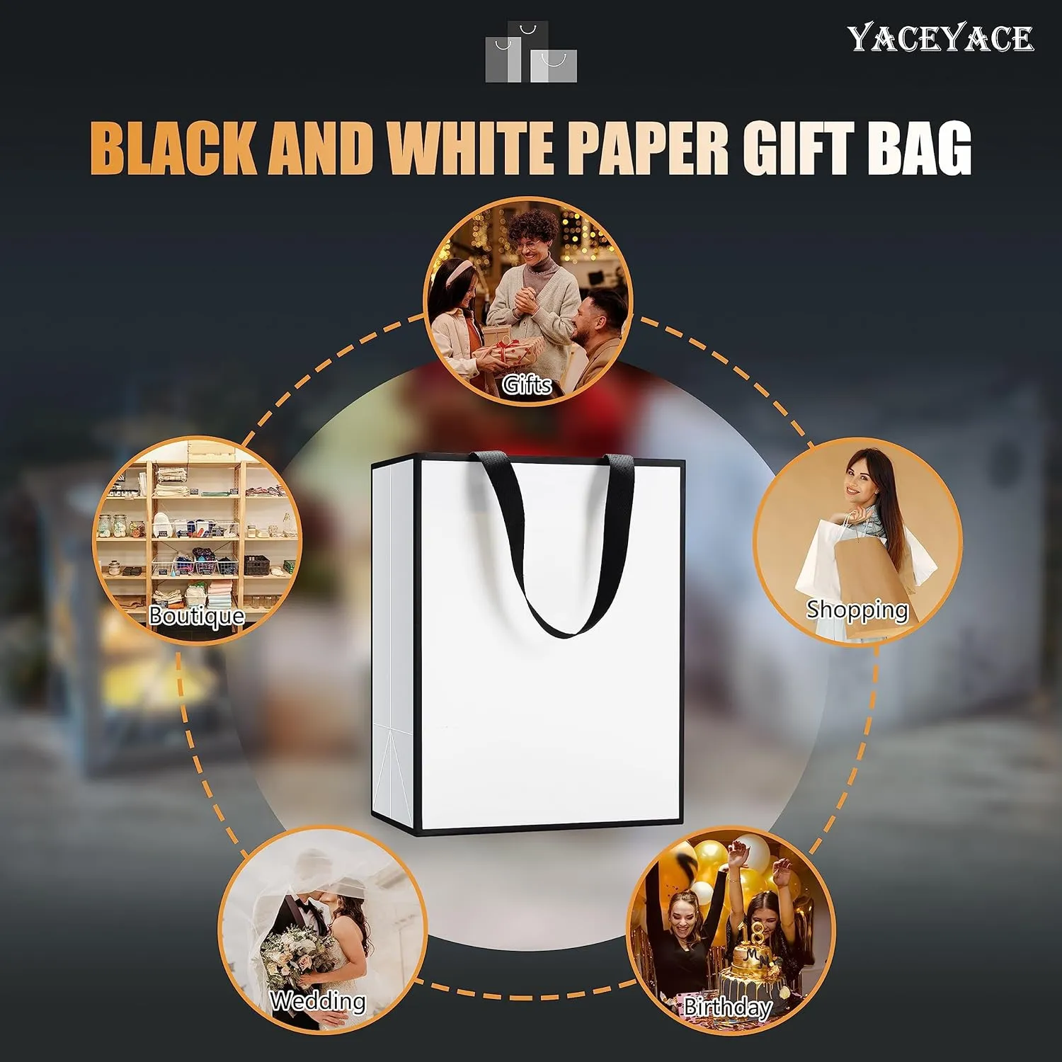 Medium Black and White Gift Bags, 20Pcs 8"x4.25"x10.5" Black and White Paper Gift Bags with Ribbon Handle Bulk,Party,Birthday,Wedding,Retail
