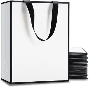 Medium Black and White Gift Bags, 20Pcs 8"x4.25"x10.5" Black and White Paper Gift Bags with Ribbon Handle Bulk,Party,Birthday,Wedding,Retail