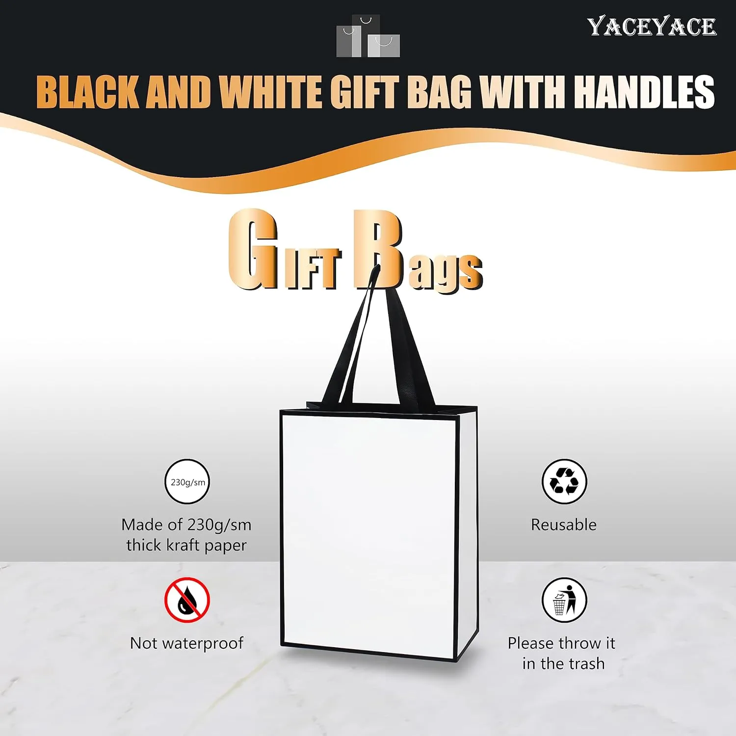 Medium Black and White Gift Bags, 20Pcs 8"x4.25"x10.5" Black and White Paper Gift Bags with Ribbon Handle Bulk,Party,Birthday,Wedding,Retail