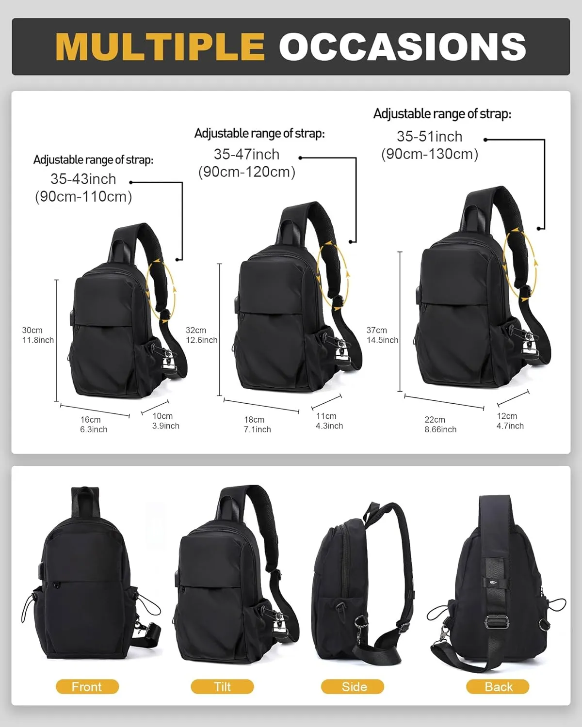 Medium Black Black Sling Bag for Men and Women - Sport Crossbody Backpack for Pickleball, Tennis, Racketball
