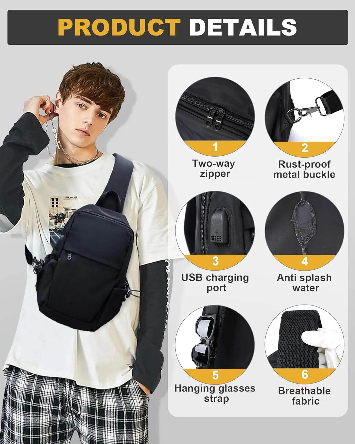 Medium Black Black Sling Bag for Men and Women - Sport Crossbody Backpack for Pickleball, Tennis, Racketball