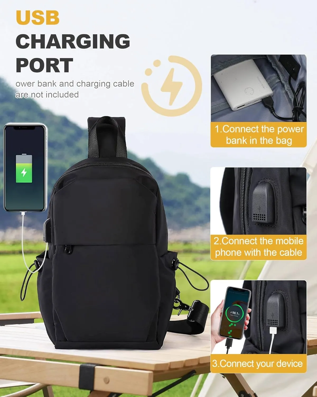 Medium Black Black Sling Bag for Men and Women - Sport Crossbody Backpack for Pickleball, Tennis, Racketball