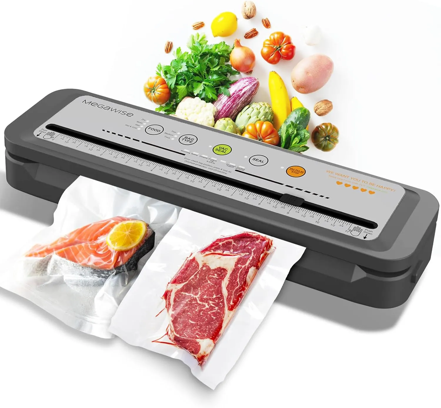 MegaWise Vacuum Sealer Machine – 2023 New Version, 80kPa Suction Power, One-Touch Automatic Operation, Compact Design with Built-in Cutter, Includes Vacuum Bags, Ideal for Food Storage (Silver)