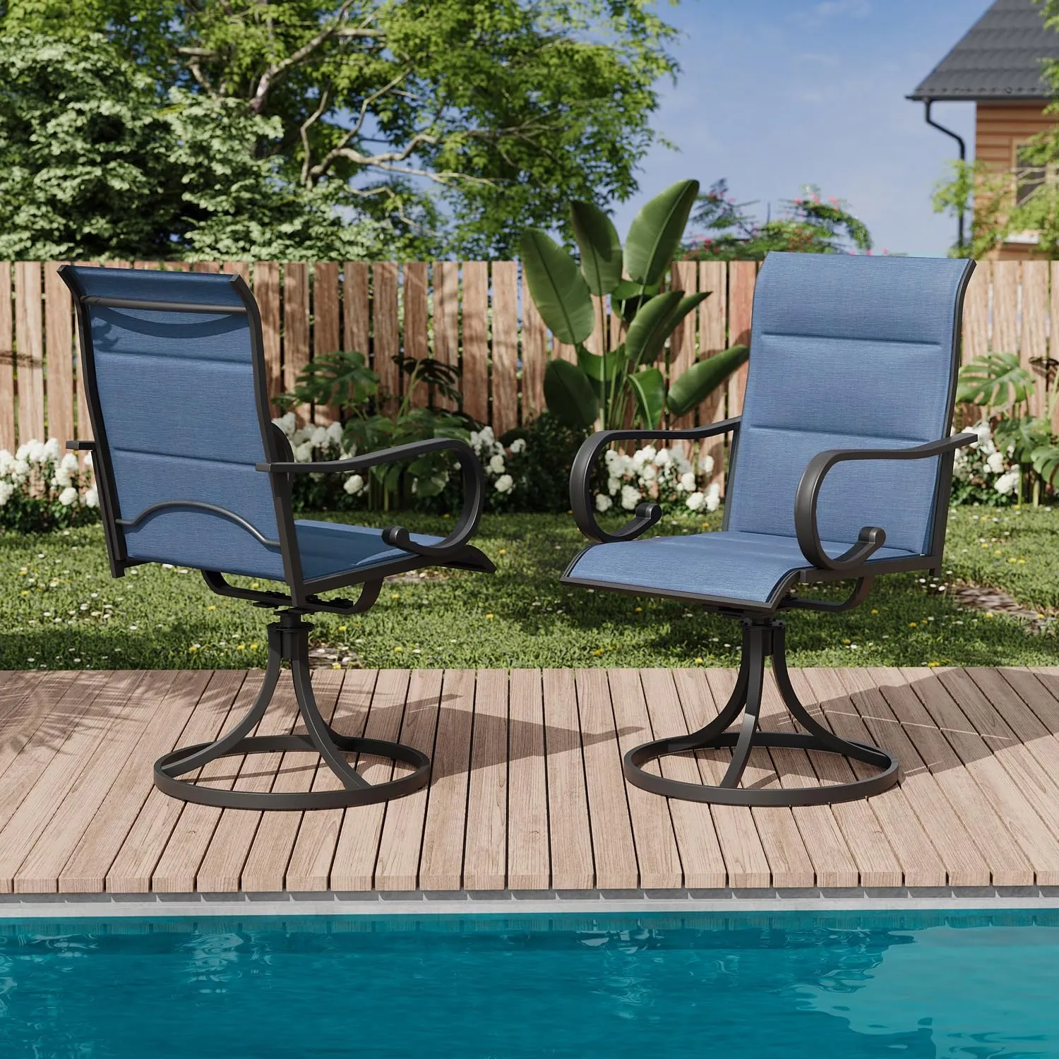 MELLCOM Patio Swivel Chair Set of 2, High Back Padded Textilene Outdoor Dining Chairs with E-Coating Metal Frame, All-Weather Outdoor Furniture Rocker for Backyard, Porch, Garden, Lawn, Blue