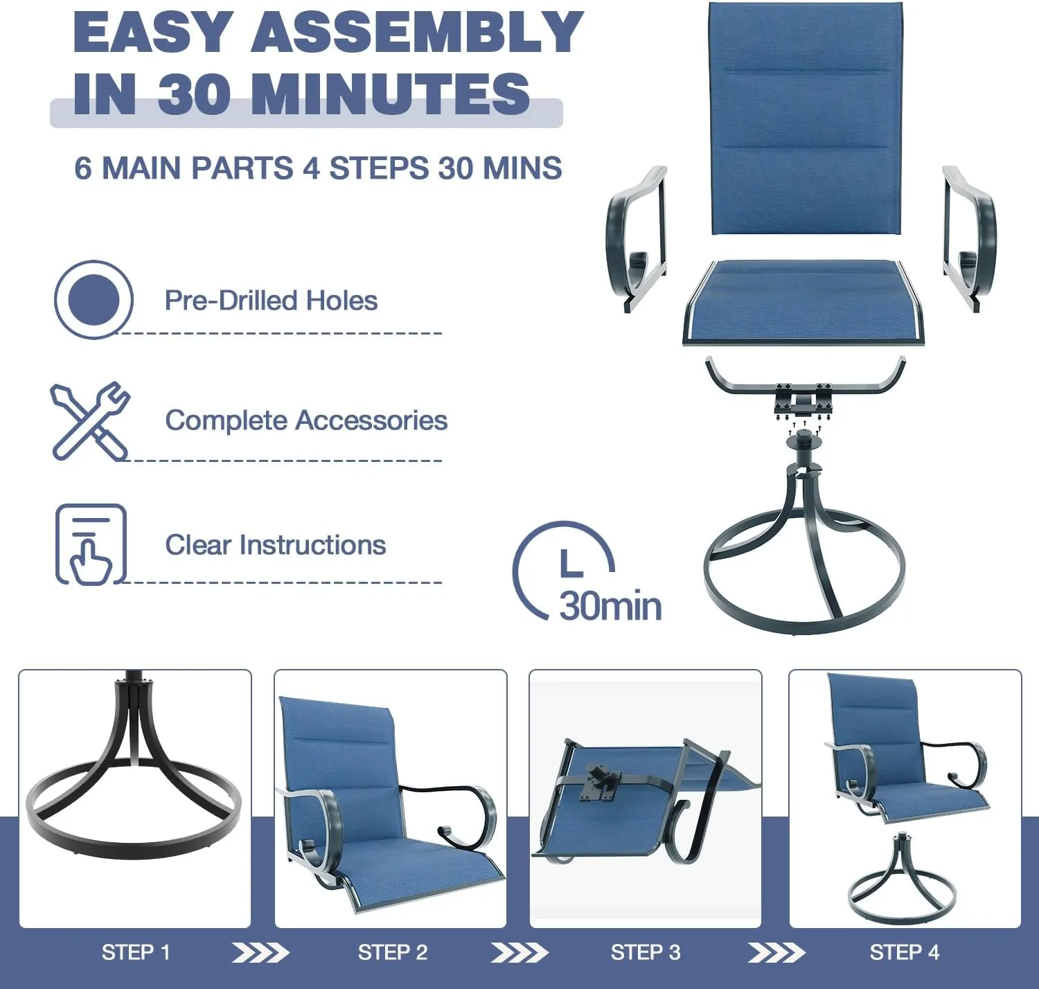 MELLCOM Patio Swivel Chair Set of 2, High Back Padded Textilene Outdoor Dining Chairs with E-Coating Metal Frame, All-Weather Outdoor Furniture Rocker for Backyard, Porch, Garden, Lawn, Blue