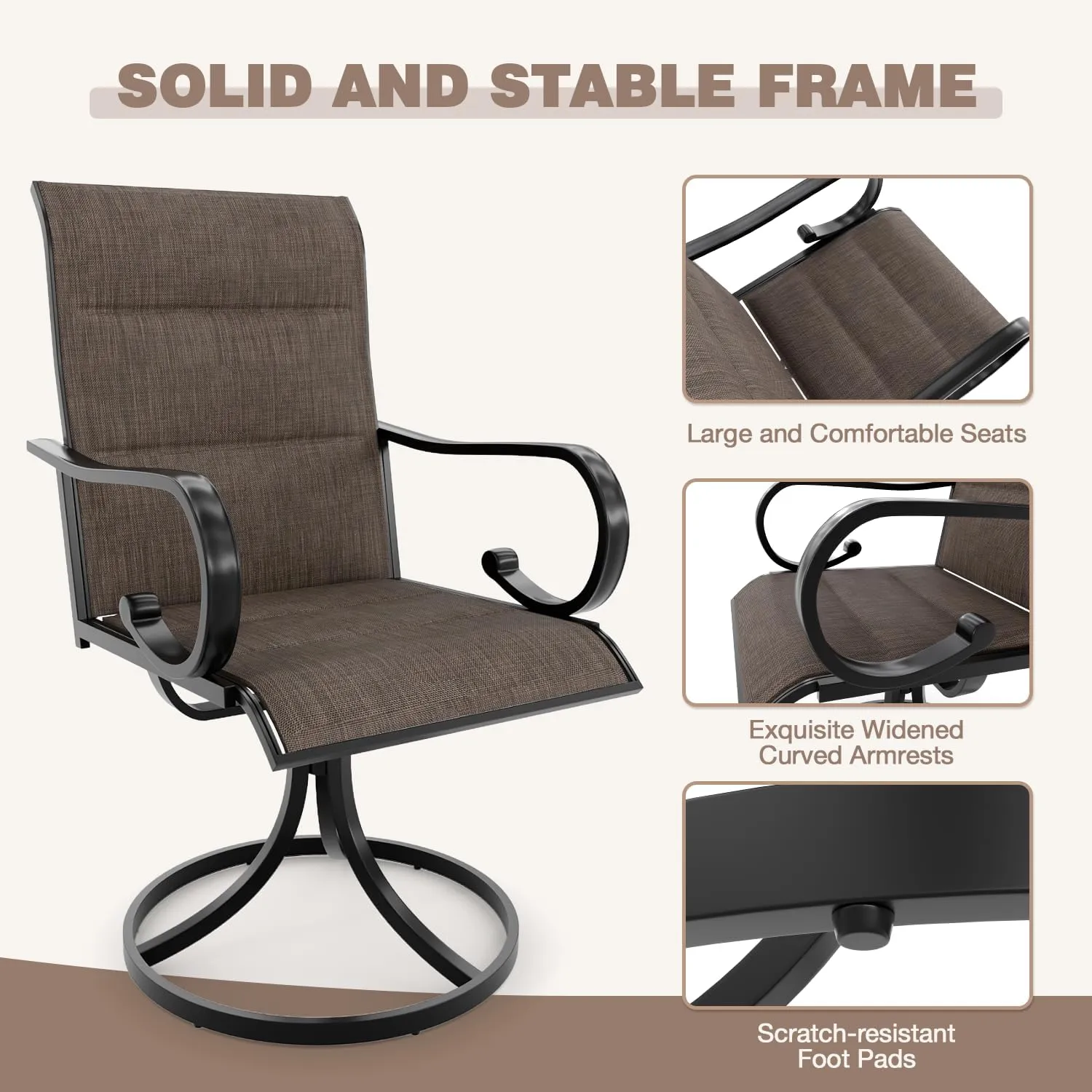 MELLCOM Patio Swivel Chair Set of 2, High Back Padded Textilene Outdoor Dining Chairs with E-Coating Metal Frame, All-Weather Outdoor Furniture Rocker for Backyard, Porch, Garden, Lawn, Brown