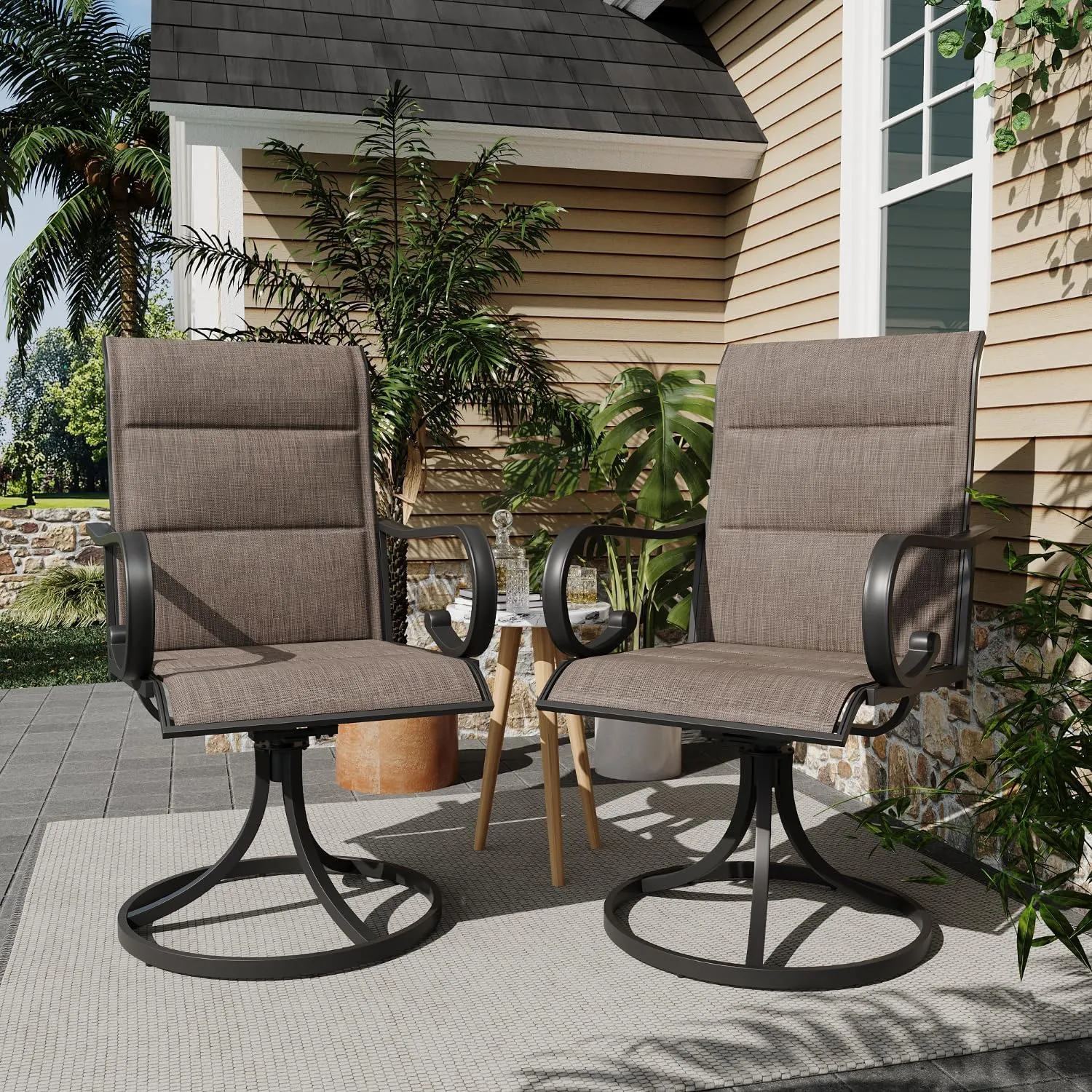 MELLCOM Patio Swivel Chair Set of 2, High Back Padded Textilene Outdoor Dining Chairs with E-Coating Metal Frame, All-Weather Outdoor Furniture Rocker for Backyard, Porch, Garden, Lawn, Brown