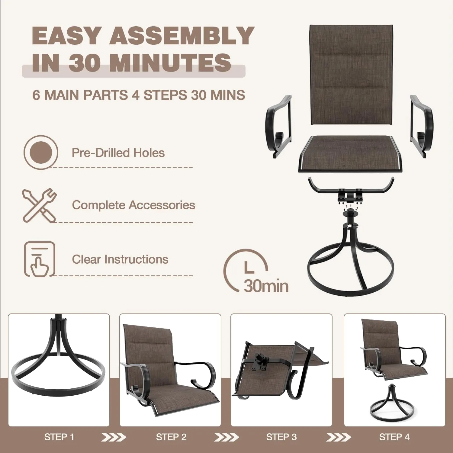 MELLCOM Patio Swivel Chair Set of 2, High Back Padded Textilene Outdoor Dining Chairs with E-Coating Metal Frame, All-Weather Outdoor Furniture Rocker for Backyard, Porch, Garden, Lawn, Brown