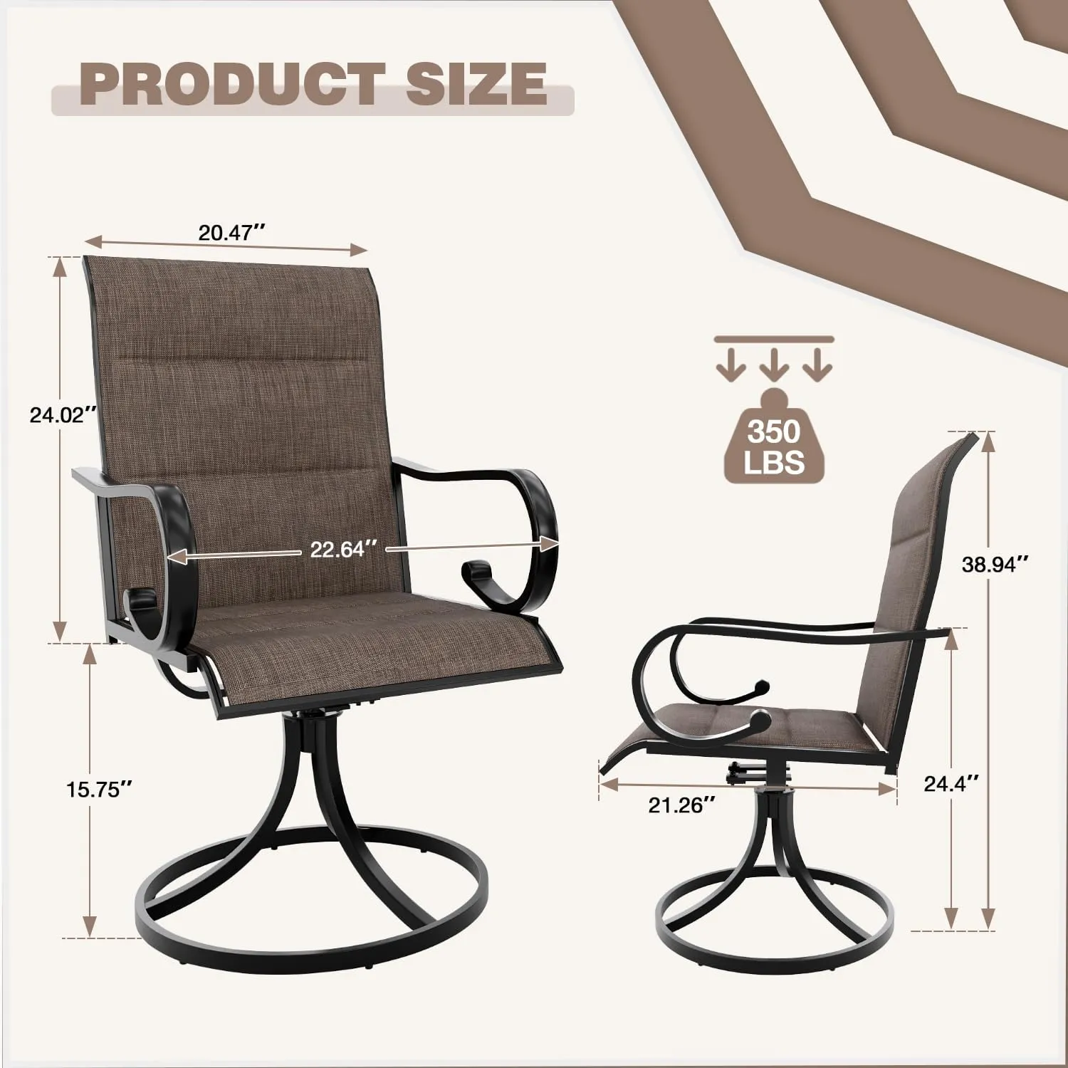 MELLCOM Patio Swivel Chair Set of 2, High Back Padded Textilene Outdoor Dining Chairs with E-Coating Metal Frame, All-Weather Outdoor Furniture Rocker for Backyard, Porch, Garden, Lawn, Brown