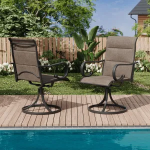 MELLCOM Patio Swivel Chair Set of 2, High Back Padded Textilene Outdoor Dining Chairs with E-Coating Metal Frame, All-Weather Outdoor Furniture Rocker for Backyard, Porch, Garden, Lawn, Brown