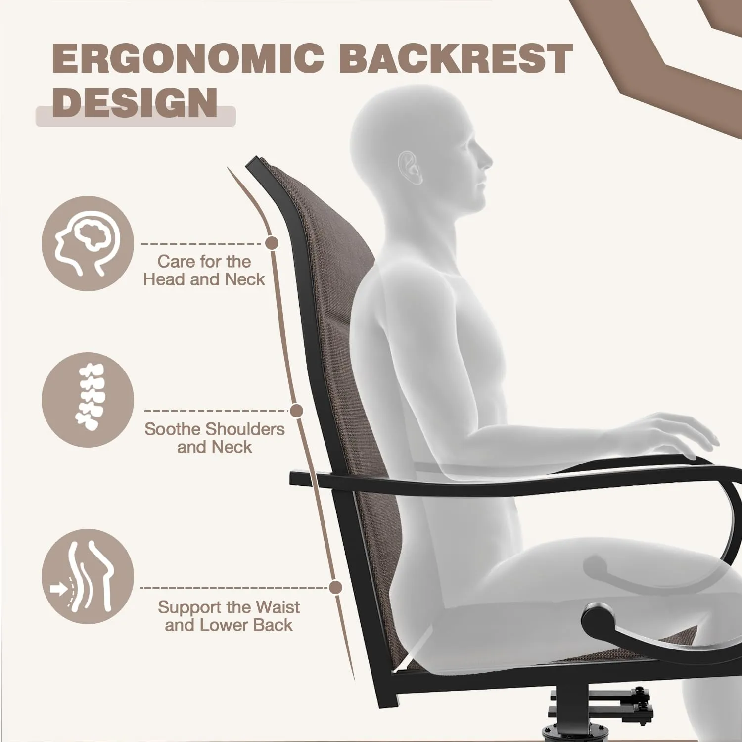 MELLCOM Patio Swivel Chair Set of 2, High Back Padded Textilene Outdoor Dining Chairs with E-Coating Metal Frame, All-Weather Outdoor Furniture Rocker for Backyard, Porch, Garden, Lawn, Brown