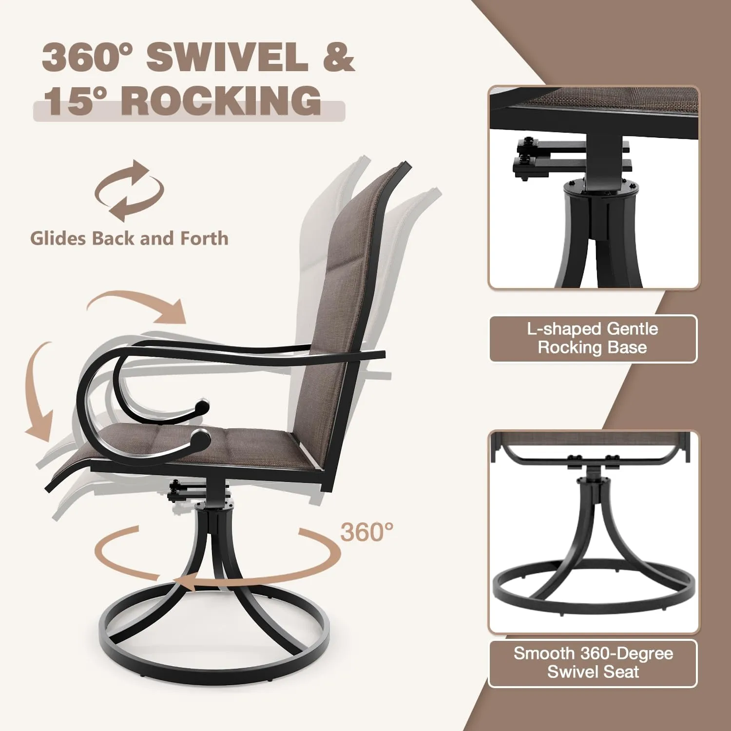 MELLCOM Patio Swivel Chair Set of 2, High Back Padded Textilene Outdoor Dining Chairs with E-Coating Metal Frame, All-Weather Outdoor Furniture Rocker for Backyard, Porch, Garden, Lawn, Brown