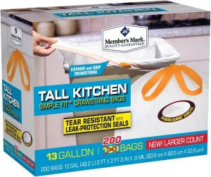 Member's Mark Tall Kitchen Simple Fit Drawstring Bags, 13 Gallon, 200 Count
