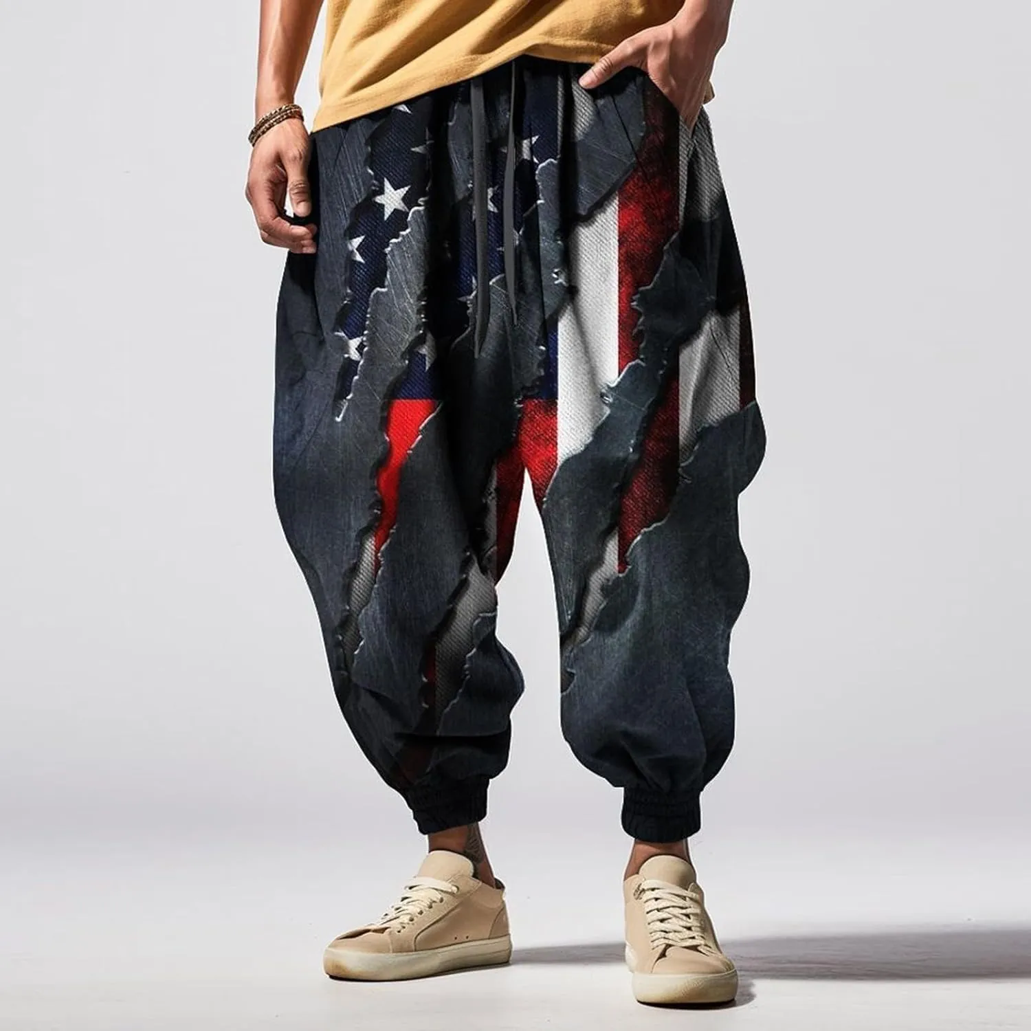 Men Drop Crotch Wide Leg Baggy Harem Pants Men's Autumn Fun Print Fashion Street Feel Casual Loose Drop Crotch