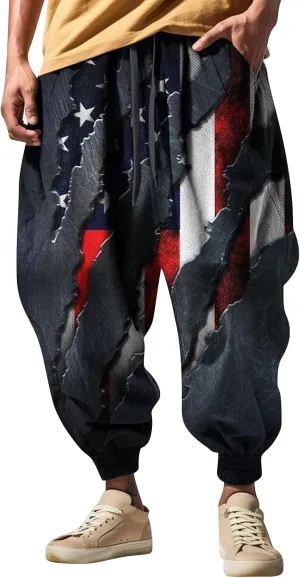 Men Drop Crotch Wide Leg Baggy Harem Pants Men's Autumn Fun Print Fashion Street Feel Casual Loose Drop Crotch