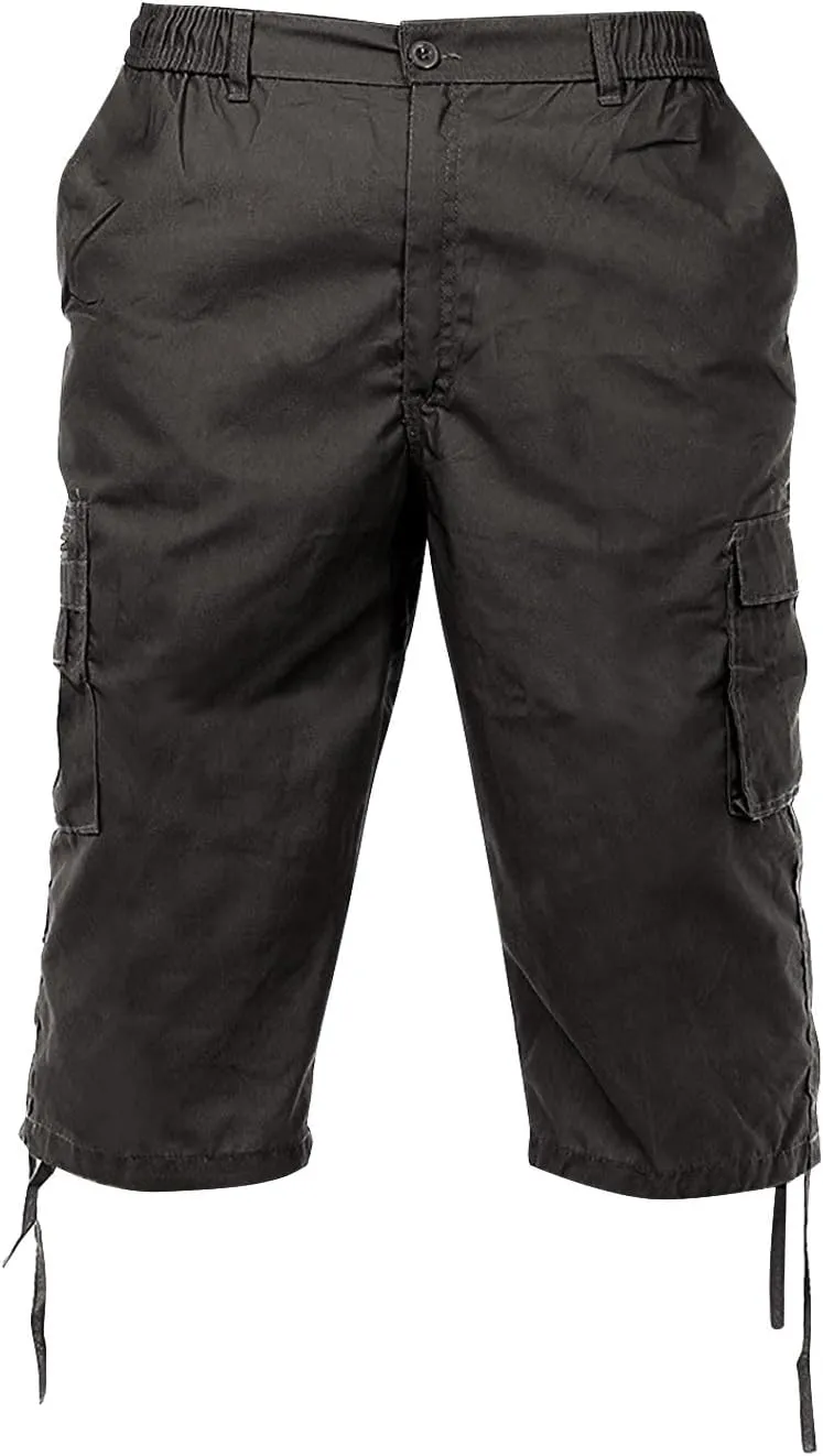 Mens 3/4 Long Cargo Shorts Casual Elastic Waist Below Knee Capri Work Pants Twill Military Tactical Hiking Pants