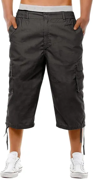 Mens 3/4 Long Cargo Shorts Casual Elastic Waist Below Knee Capri Work Pants Twill Military Tactical Hiking Pants