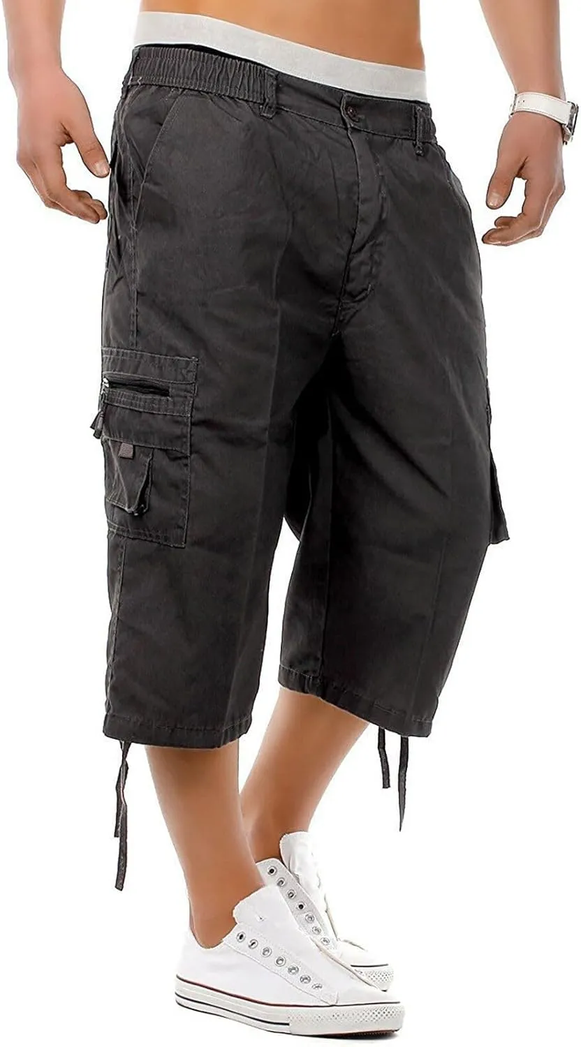 Mens 3/4 Long Cargo Shorts Casual Elastic Waist Below Knee Capri Work Pants Twill Military Tactical Hiking Pants