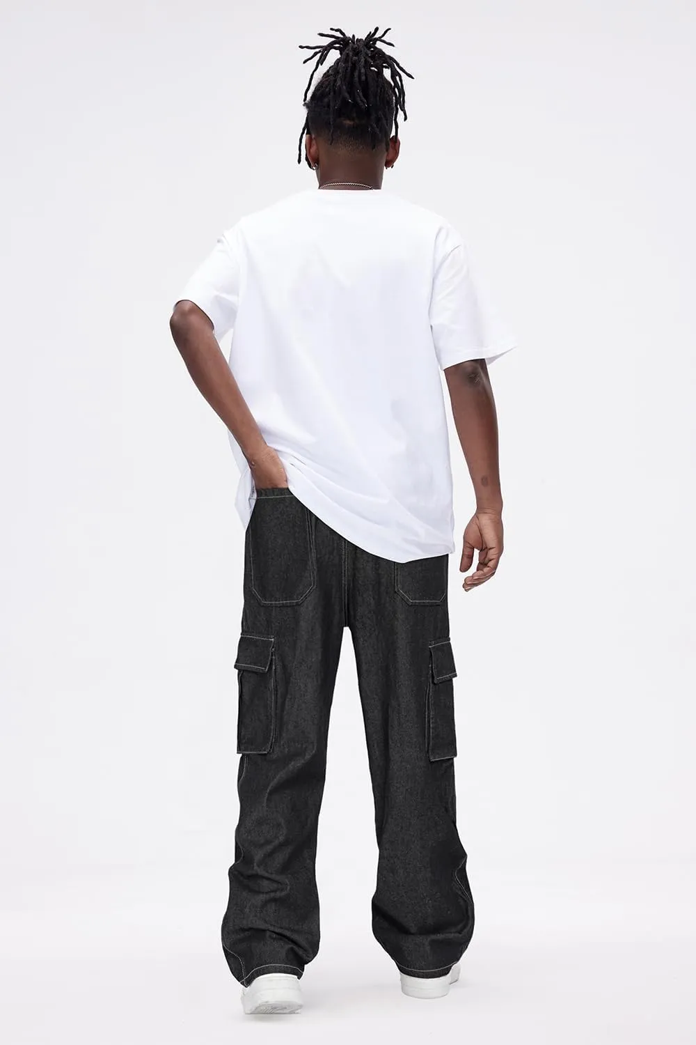 Mens Baggy Jeans Elastic Waisted Denim Pants for Men with Drawstring Streetwear